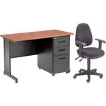 Interion Office Desk and Fabric Chair Bundle with 3 Drawer Pedestal - 48" x 24" - Cherry