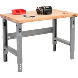 Global Industrial Adjustable Height Workbench, 48 x 30", Maple Butcher Block Square Edge, Gray