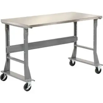 Global Industrial 72 x 30 Mobile Fixed Height C-Channel Flared Leg Workbench - Stainless Steel
