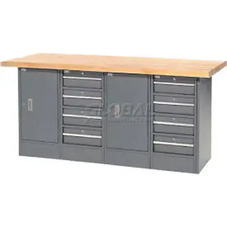 Global Industrial Workbench w/ Maple Square Edge Top, 8 Drawers & 2 Cabinets, 72"Wx30"D, Gray