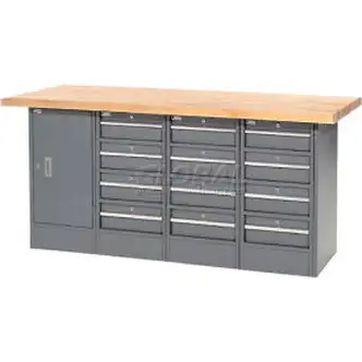 Global Industrial Workbench w/ Maple Square Edge Top, 12 Drawers & 1 Cabinet, 72"Wx30"D, Gray