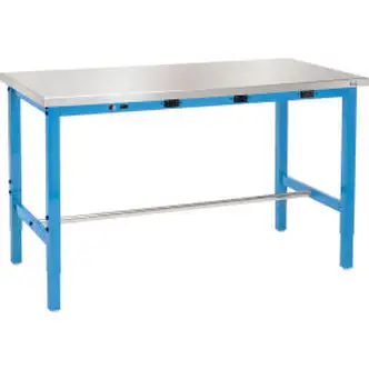 Global Industrial 60 x 30 Adj. Height Workbench, Power Apron, Stainless Steel Square Edge Blue
