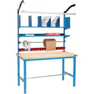 Global Industrial Packing Workbench W/Riser Kit, Maple Butcher Block Square Edge, 60"W x 36"D
