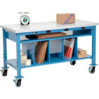 Global Industrial Mobile Packing Workbench W/Shelf & Power, Laminate Square Edge, 60"W x 36"D