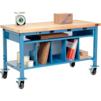 Global Industrial Mobile Packing Workbench W/Lower Shelf & Power, Maple Square Edge, 60"Wx36"D