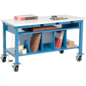 Global Industrial Mobile Packing Workbench W/Lower Shelf & Power, ESD Square Edge, 72"W x 36"D