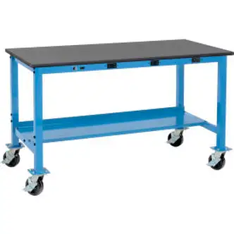 Global Industrial Mobile Lab Workbench, 60 x 30", Power Outlets, Phenolic Safety Edge, Blue
