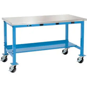 Global Industrial 72 x 30 Mobile Lab Workbench - Power Apron - Stainless Square Edge - Blue