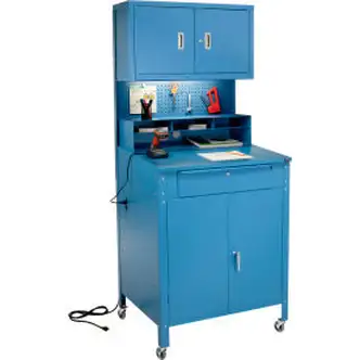 Global Industrial Mobile Cabinet Shop Desk w/ Upper Cabinet, 34-1/2"W x 30"D, Blue