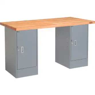 Global Industrial 72 x 24 Pedestal Workbench - Double Cabinet, Maple Block Square Edge - Gray