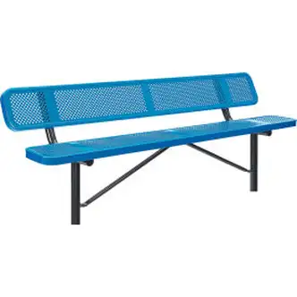 Global Industrial 8' Outdoor Steel Bench w/ Backrest, Perforated Metal, In Ground Mount, Blue