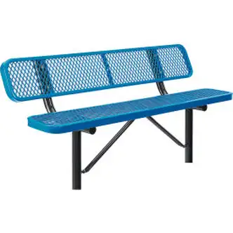 Global Industrial 6' Outdoor Steel Bench w/ Backrest, Expanded Metal, In Ground Mount, Blue