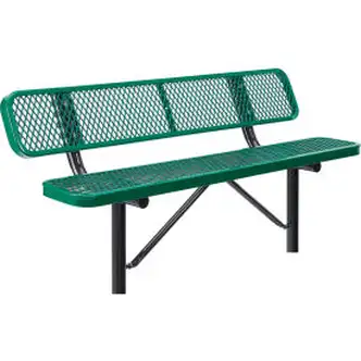 Global Industrial 6' Outdoor Steel Bench w/ Backrest, Expanded Metal, In Ground Mount, Green