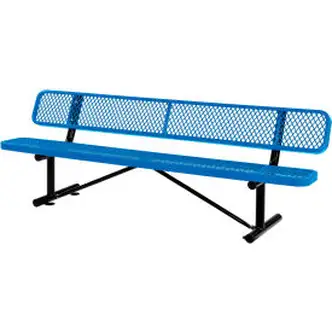 Global Industrial 8' Outdoor Steel Bench w/ Backrest, Expanded Metal, Blue