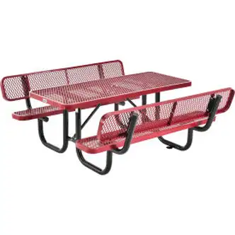 Global Industrial 6' Rectangular Picnic Table w/ Backrests, Expanded Metal, Red