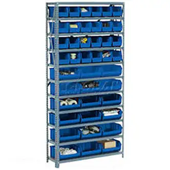 Global Industrial Steel Open Shelving with 21 Blue Plastic Stacking Bins 6 Shelves - 36x12x39