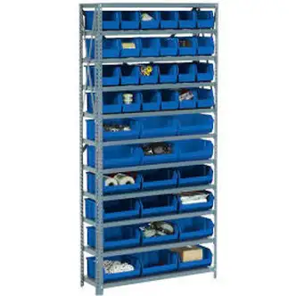 Global Industrial Steel Open Shelving with 18 Blue Plastic Stacking Bins 10 Shelves - 36x18x73