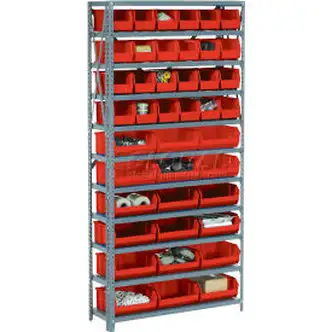Global Industrial Steel Open Shelving with 16 Red Plastic Stacking Bins 5 Shelves - 36x12x39