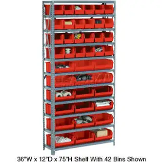 Global Industrial Steel Open Shelving with 36 Red Plastic Stacking Bins 10 Shelves - 36x12x73
