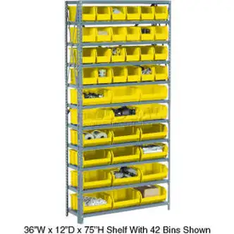 Global Industrial Steel Open Shelving - 12 Yellow Plastic Stacking Bins 5 Shelves - 36x18x39