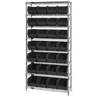 Global Industrial Chrome Wire Shelving w/ 28 Stacking Black Bins, 36"W x 12"D x 74"H, Gray