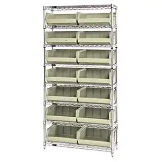 Global Industrial Chrome Wire Shelving With 14 Giant Plastic Stacking Bins Ivory, 36x14x74