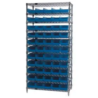 Global Industrial Chrome Wire Shelving with 55 4"H Plastic Shelf Bins Blue, 36x14x74
