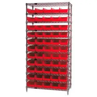 Global Industrial Chrome Wire Shelving with 55 4"H Plastic Shelf Bins Red, 36x18x74