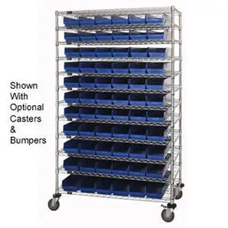 Global Industrial Chrome Wire Shelving with 66 4"H Plastic Shelf Bins Blue, 48x24x74