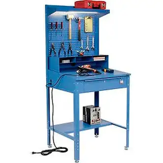 Global Industrial Sloped Shop Desk w/ Riser & Pegboard Panel, 34-1/2"W x 30"D, Blue