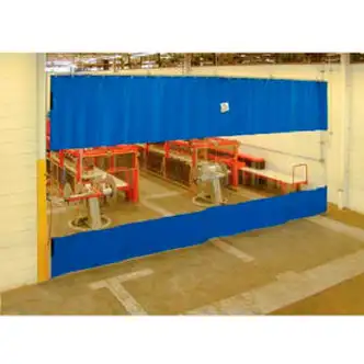 Global Industrial Blue Curtain Wall Partition with Clear Vision Strip 6 x 8 