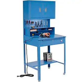Global Industrial Sloped Shop Desk w/ Pegboard, Riser & Cabinet, 34-1/2"W x 30"D, Blue