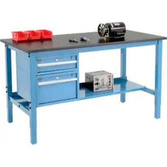 Global Industrial 72 x 36 Production Workbench - Phenolic Safety Edge - Drawers & Shelf Blue
