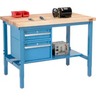 Global Industrial 96 x 36 Production Workbench - Maple Square Edge - Drawers & Shelf - Blue