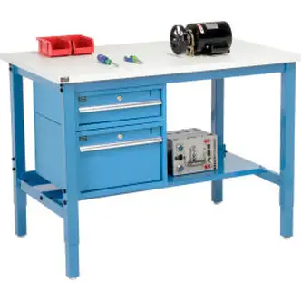 Global Industrial 96"W x 36"D Production Workbench - ESD Square Edge - Drawers & Shelf - Blue