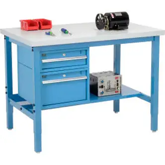 Global Industrial 48 x 30 Production Workbench - Laminate Square Edge - Drawers & Shelf - Blue