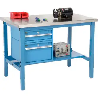 Global Industrial 48"W x 30"D Production Workbench - SS Square Edge - Drawers & Shelf - Blue