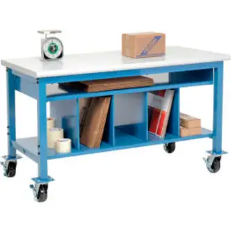 Global Industrial Mobile Packing Workbench W/Lower Shelf Kit, Laminate Safety Edge, 72"Wx30"D