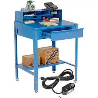 Global Industrial Sloped Shop Desk w/ Pigeonhole Riser & Outlets, 34-1/2"W x 30"D, Blue