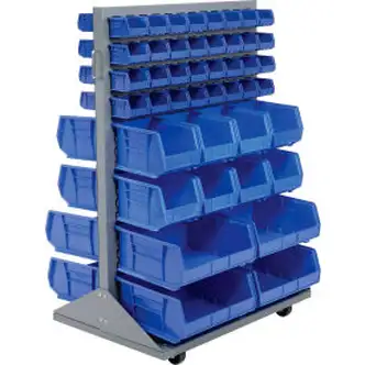 Global Industrial Mobile Double Sided Floor Rack - 88 Blue Stacking Bins 36 x 54
