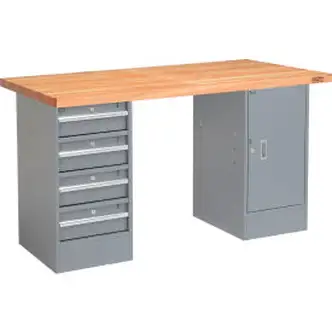 Global Industrial 96 x 30 Pedestal Workbench - 4 Drawers & Cabinet, Maple Square Edge - Gray