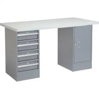 Global Industrial 96 x 30 Pedestal Workbench - 4 Drawers & Cabinet, Laminate Square Edge Gray