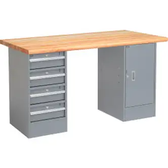 Global Industrial 60 x 30 Pedestal Workbench - 4 Drawers & Cabinet, Maple Safety Edge - Gray