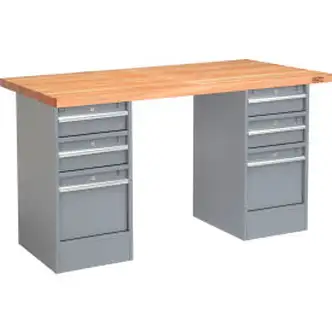 Global Industrial 72 x 30 Pedestal Workbench - 6 Drawers, Maple Block Square Edge - Gray