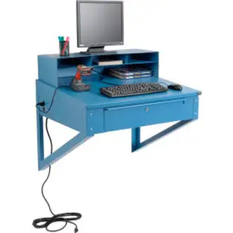 Global Industrial Wall Mount Shop Desk w/ Pigeonhole Riser, 34-1/2"W x 30"D, Blue