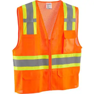 Global Industrial Class 2 Hi-Vis Safety Vest, 6 Pockets, Two-Tone, Mesh, Orange, 2XL/3XL