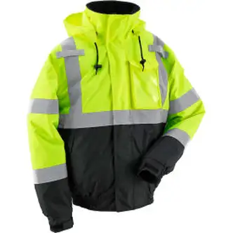 Global Industrial Hi-Vis Safety Bomber Jacket, 2" Reflective Strips, 4 Pockets, Lime, Size XL