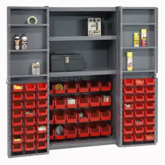 Global Industrial Storage Cabinet w/ 68 Red Bins, Assembled, 310 lbs. Weight, 38"W x 24"D x 72"H