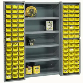 Global Industrial Bin Cabinet Deep Door, 96 YL Bins, Shelves, 16 Ga Assembled Cabinet 38x24x72