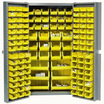 Global Industrial 16-Gauge Deep Door Bin Cabinet, 132 Yellow Bins, 38" x 24" x 72", Assembled